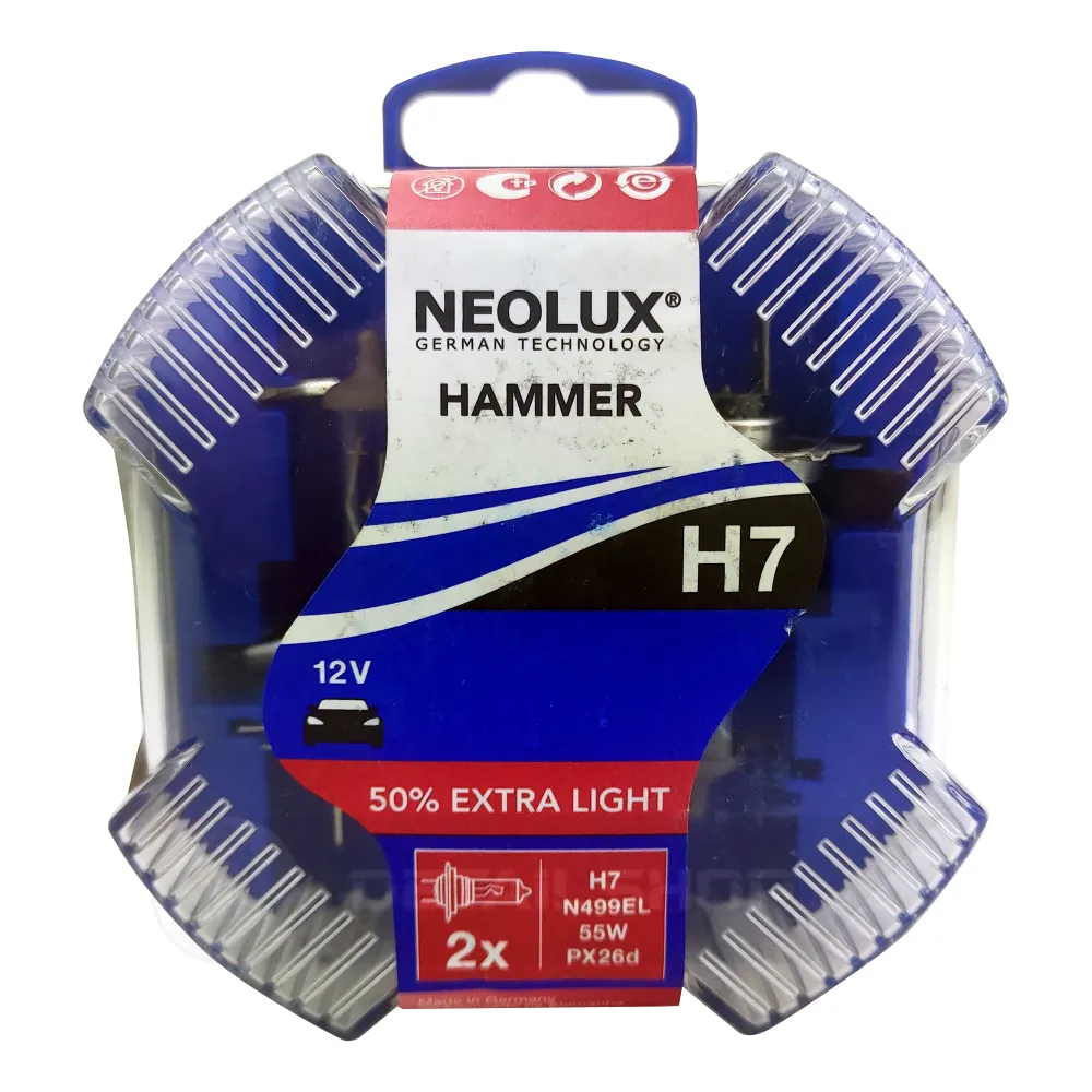 Лампа автомобільна галогенна  NEOLUX HAMMER H7 Extra Light +50% N499EL 2 шт (765819)